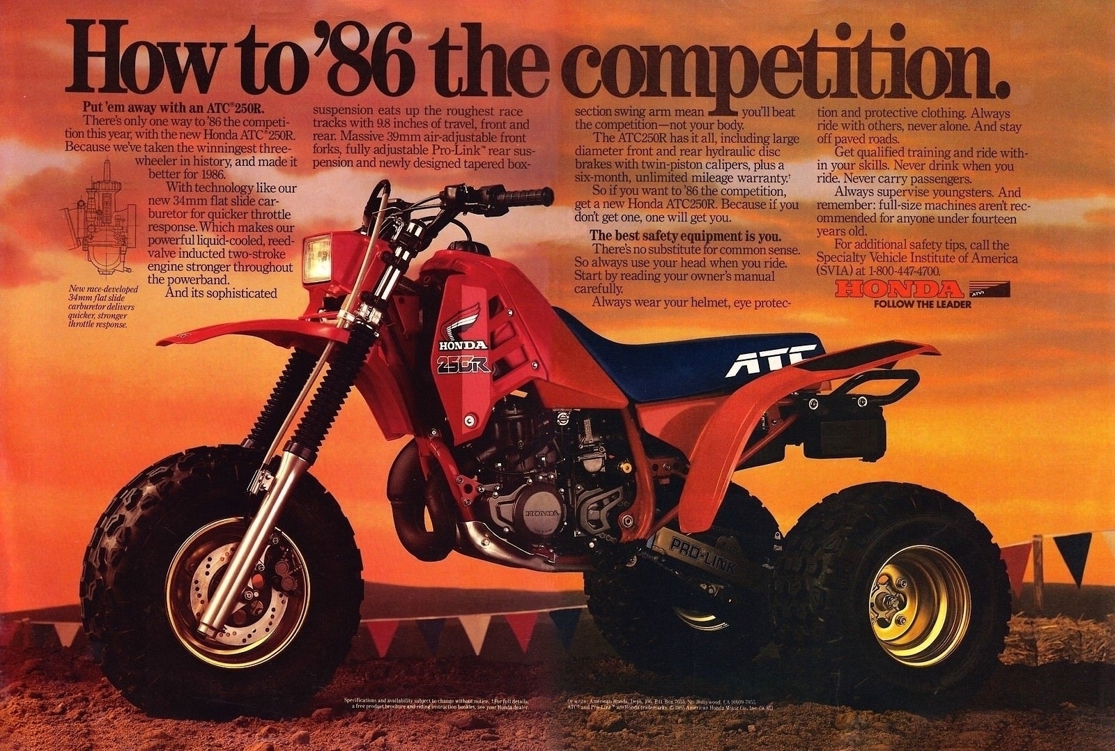 Auto-generated description: A vintage advertisement showcases the Honda ATC250R, an all-terrain vehicle, against a sunset backdrop with text detailing its features and advantages.