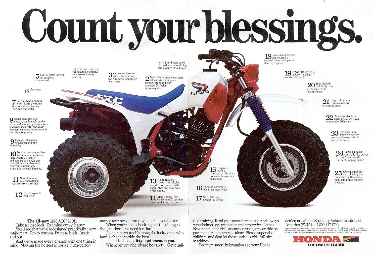 Auto-generated description: A Honda ATV is showcased with a list of twenty reasons to appreciate it.