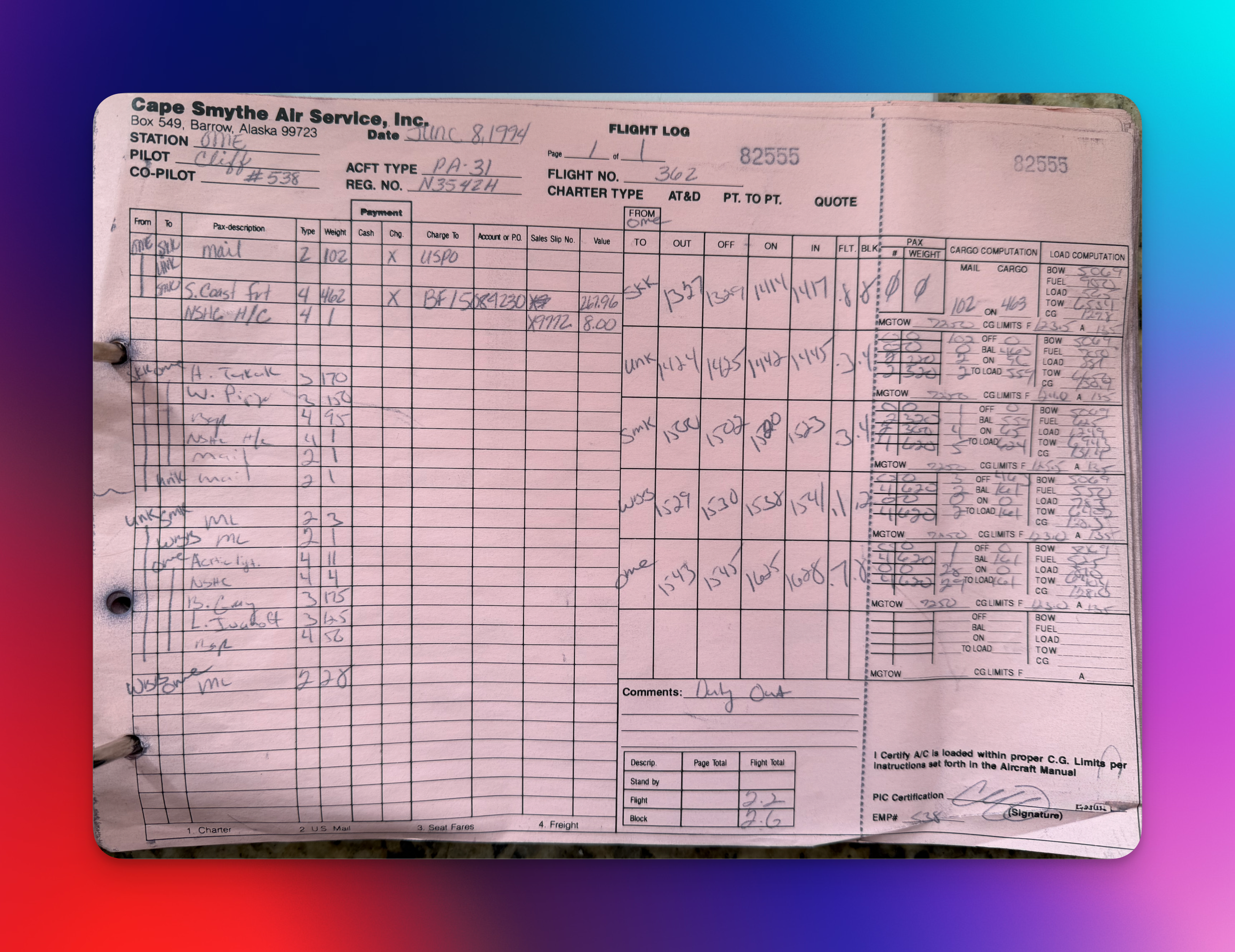 Auto-generated description: A handwritten flight log from Cape Smythe Air Service, Inc. contains various entries for dates, destinations, and flight details.