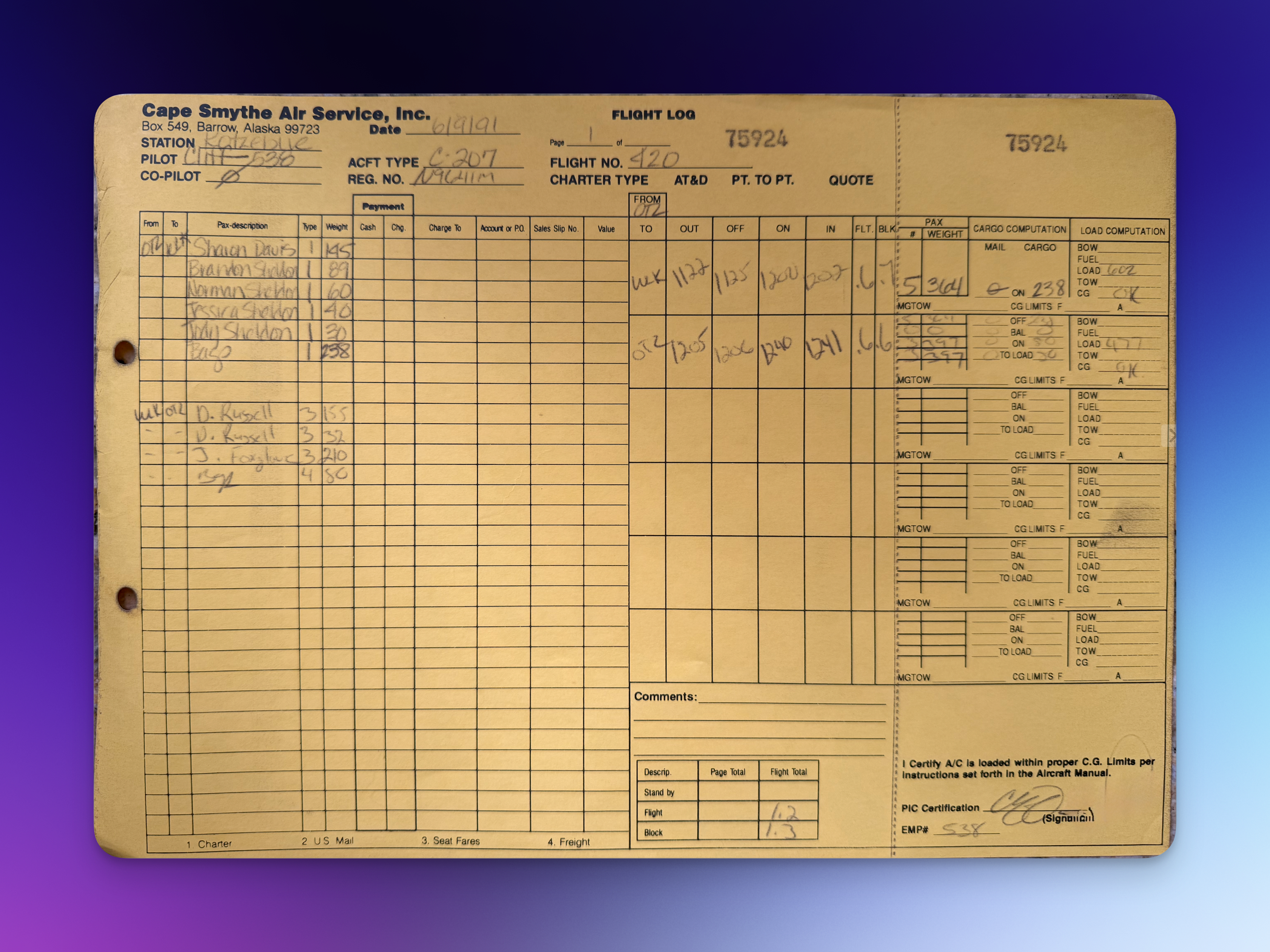 Auto-generated description: A handwritten flight log from Cape Smythe Air Service, Inc. contains various entries for dates, destinations, and flight details.