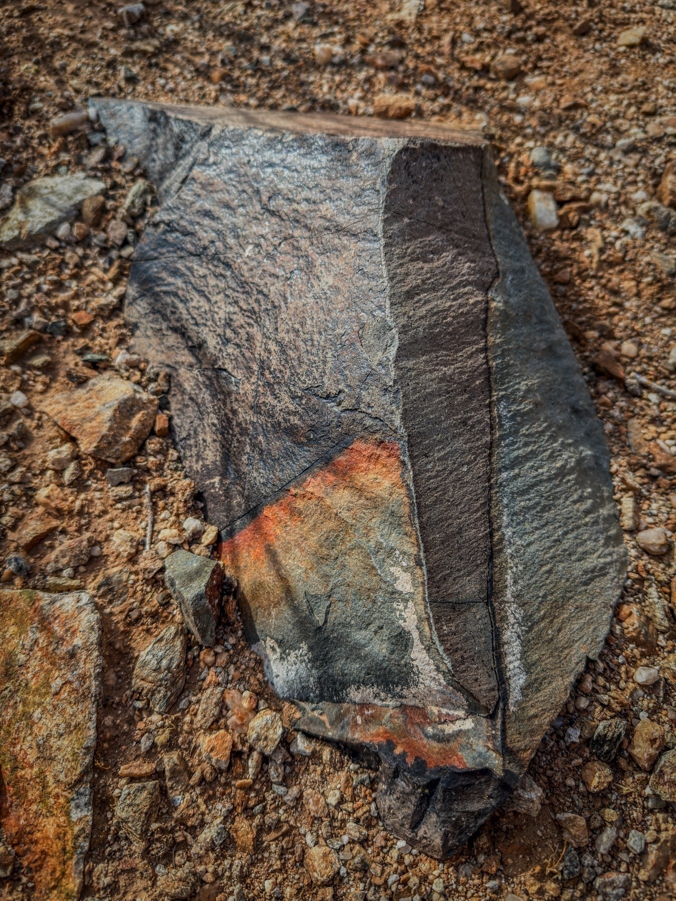 Auto-generated description: A large, jagged piece of rock with distinct layers and textures is lying on a rocky surface.