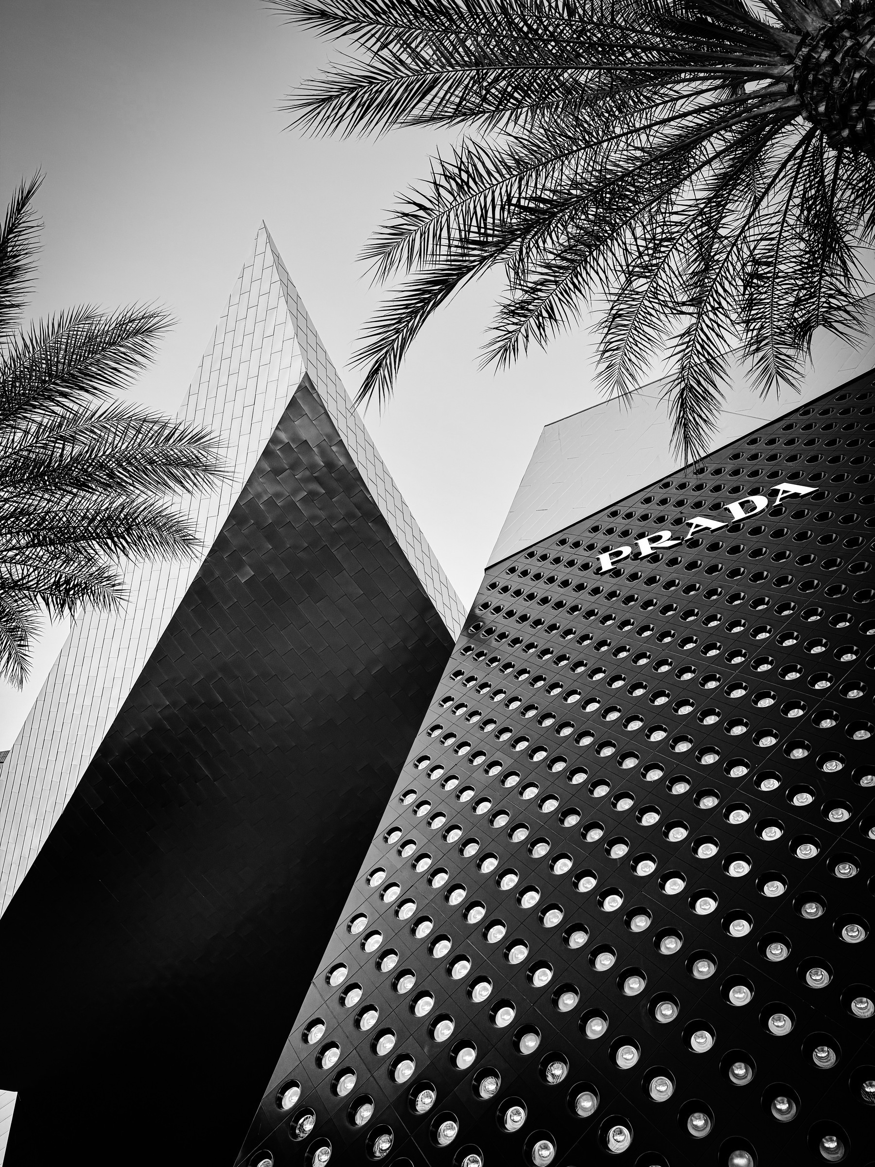 Auto-generated description: A striking modern building with a patterned facade and the word Prada is framed by tall palm trees against a clear sky in a black-and-white photograph.