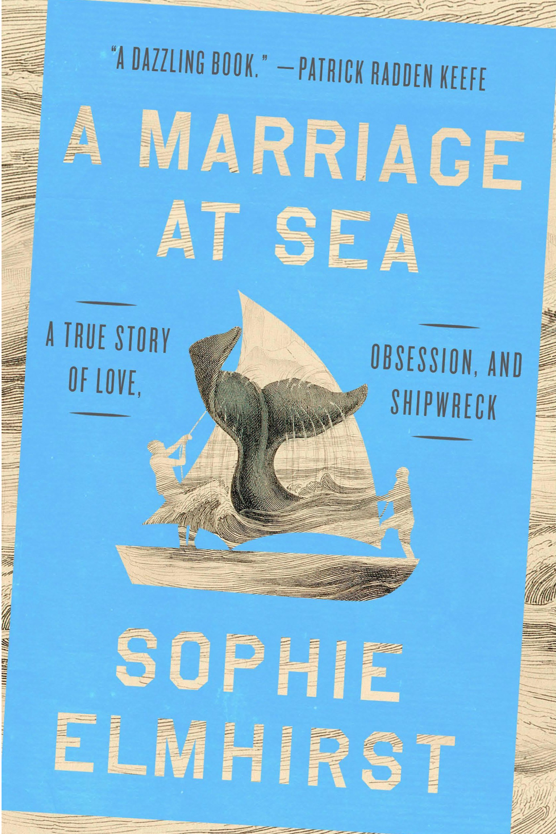 Auto-generated description: A book cover with the title A Marriage at Sea by Sophie Elmhirst, featuring an illustration of a boat with a large whale beneath and two people on board.