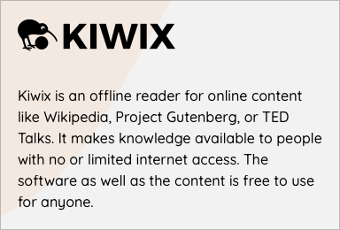 Auto-generated description: An offline reader named Kiwix provides access to online content such as Wikipedia, Project Gutenberg, and TED Talks, allowing free use for those with limited internet access.