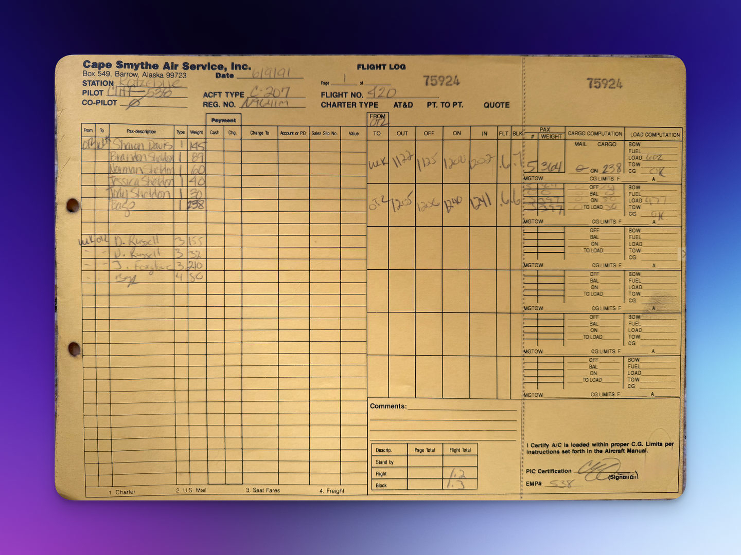 A yellow Cape Smythe Air Service flight log page from Kotzebue, dated June 19, 1991, for a Cessna 207, with EMP# 538 by the signature.